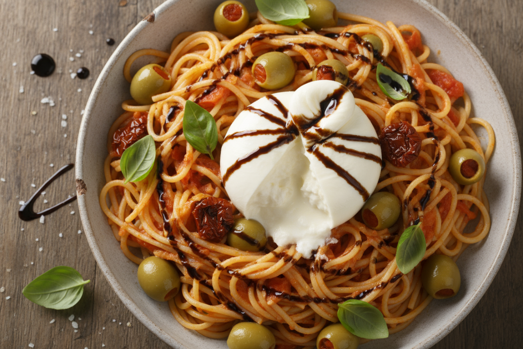 Spicy Burrata Pasta mit getrockneten Tomaten und Oliven