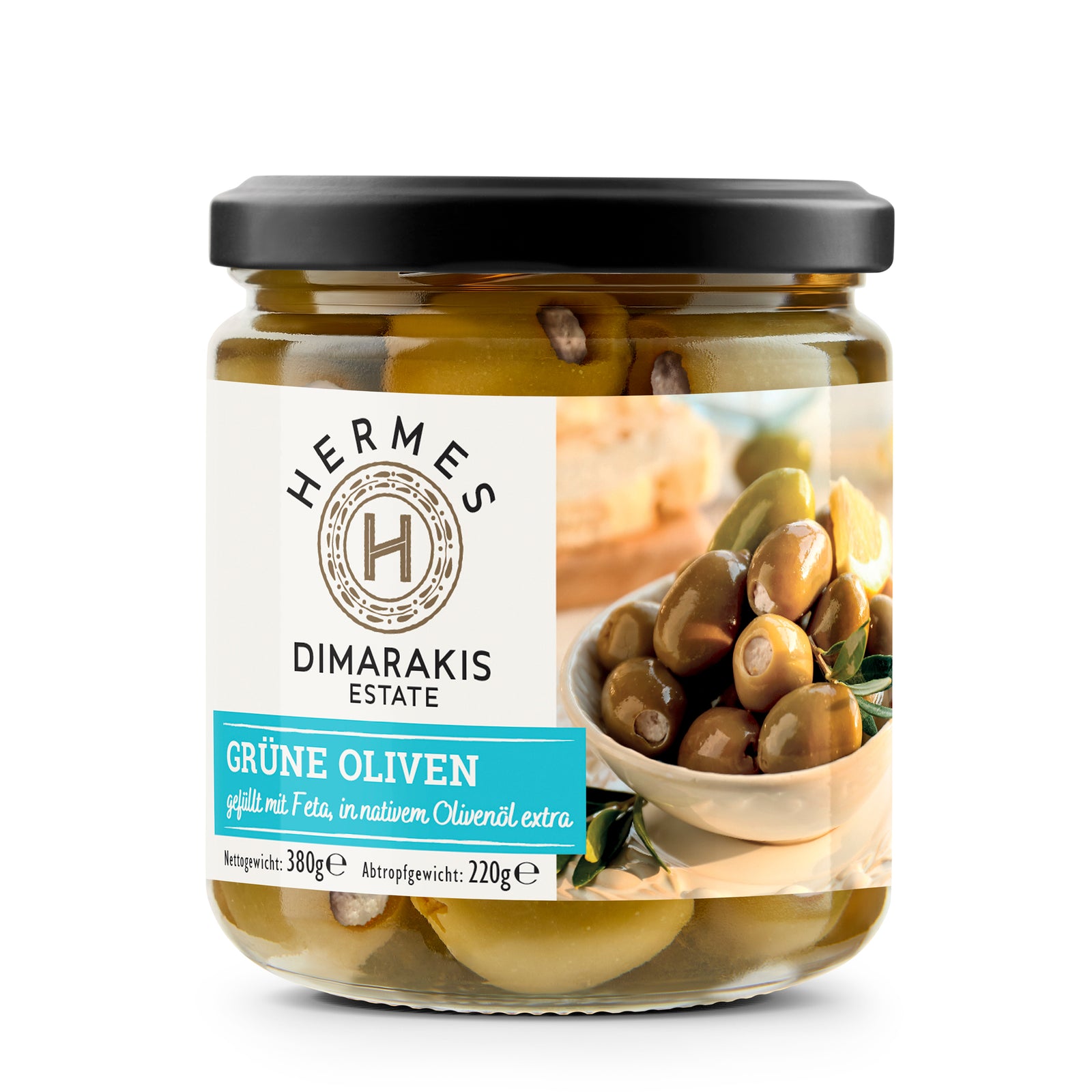 Grüne Oliven gefüllt mit Feta in nativem Olivenöl extra - HERMES