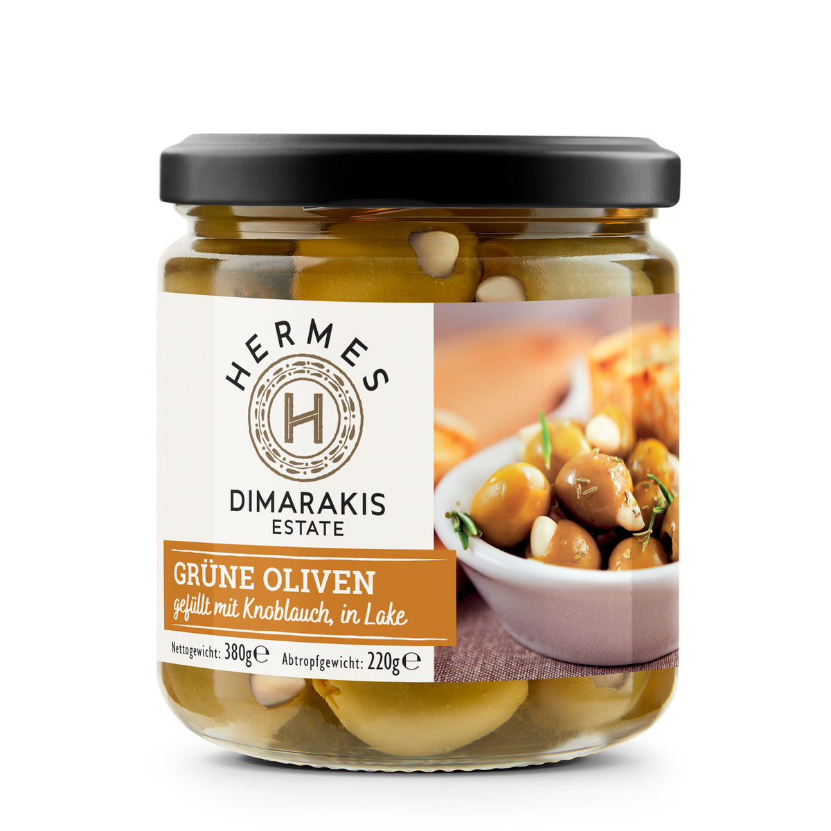 Grüne Oliven gefüllt mit Knoblauch in Lake - HERMES