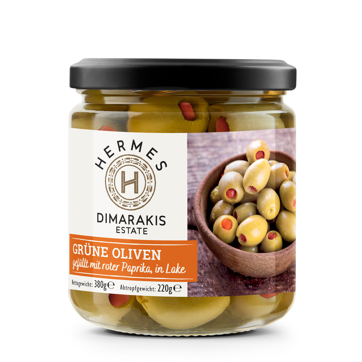 Grüne Oliven gefüllt mit roter Paprika in Lake - HERMES
