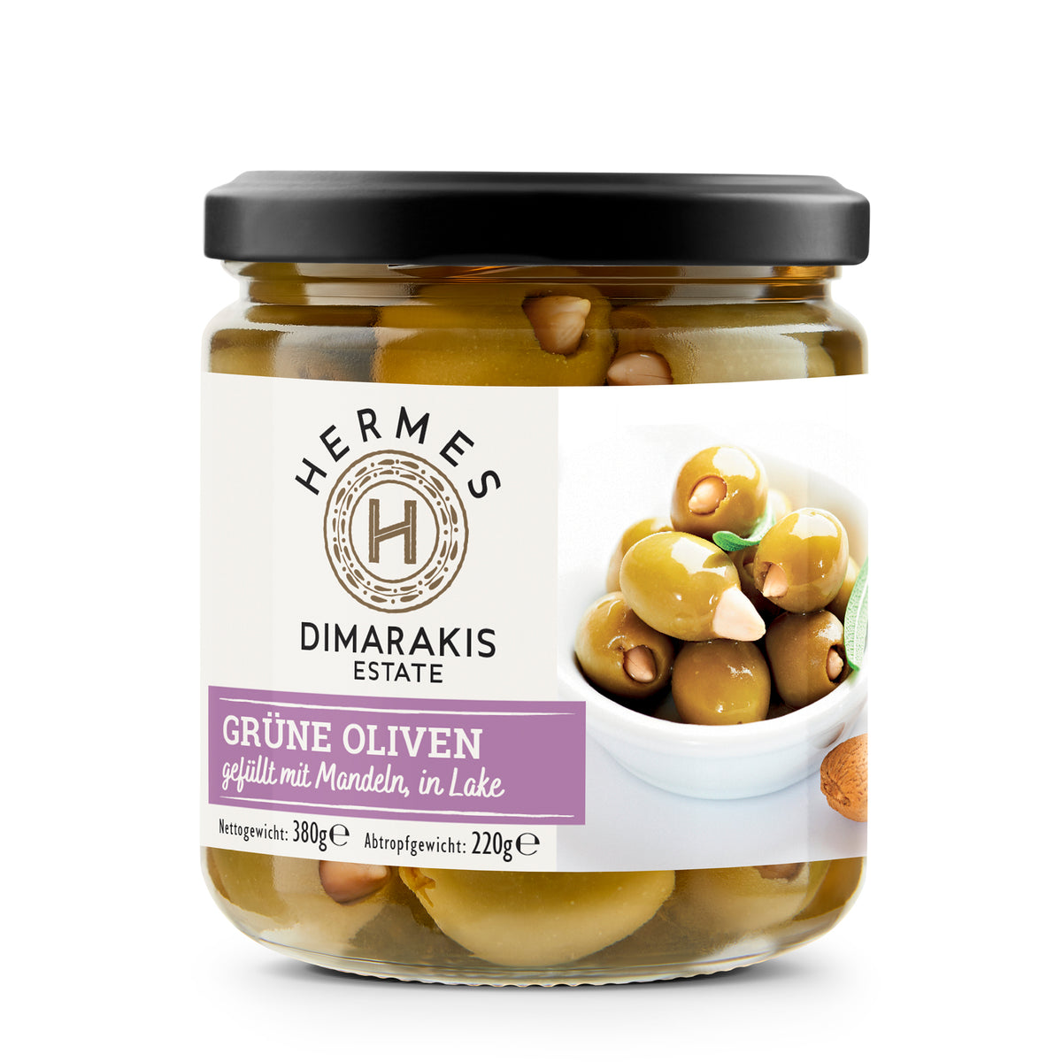 Grüne Oliven gefüllt mit Mandeln in Lake - HERMES