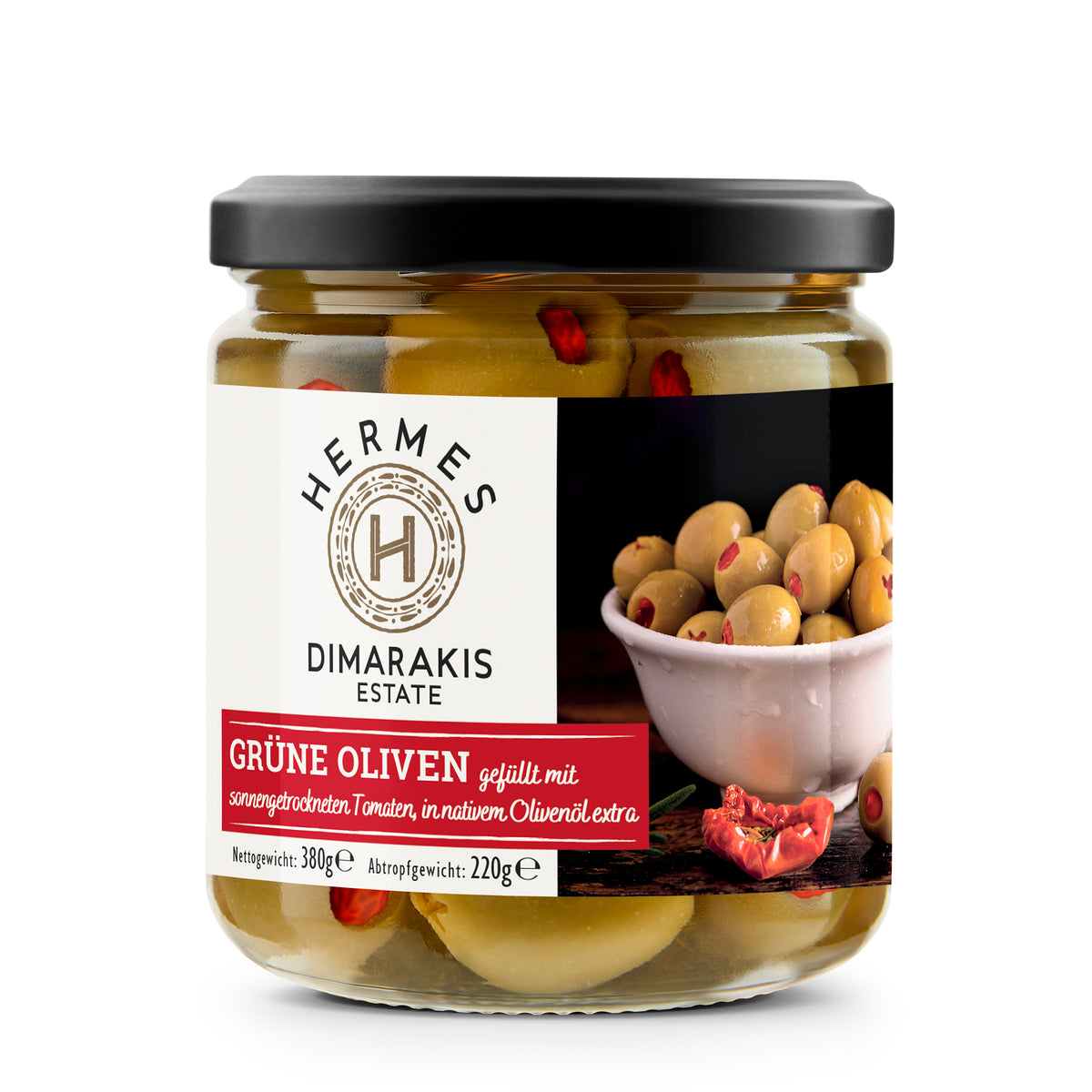 Grüne Oliven gefüllt mit sonnengetrockneten Tomaten in nativem Olivenöl extra - HERMES